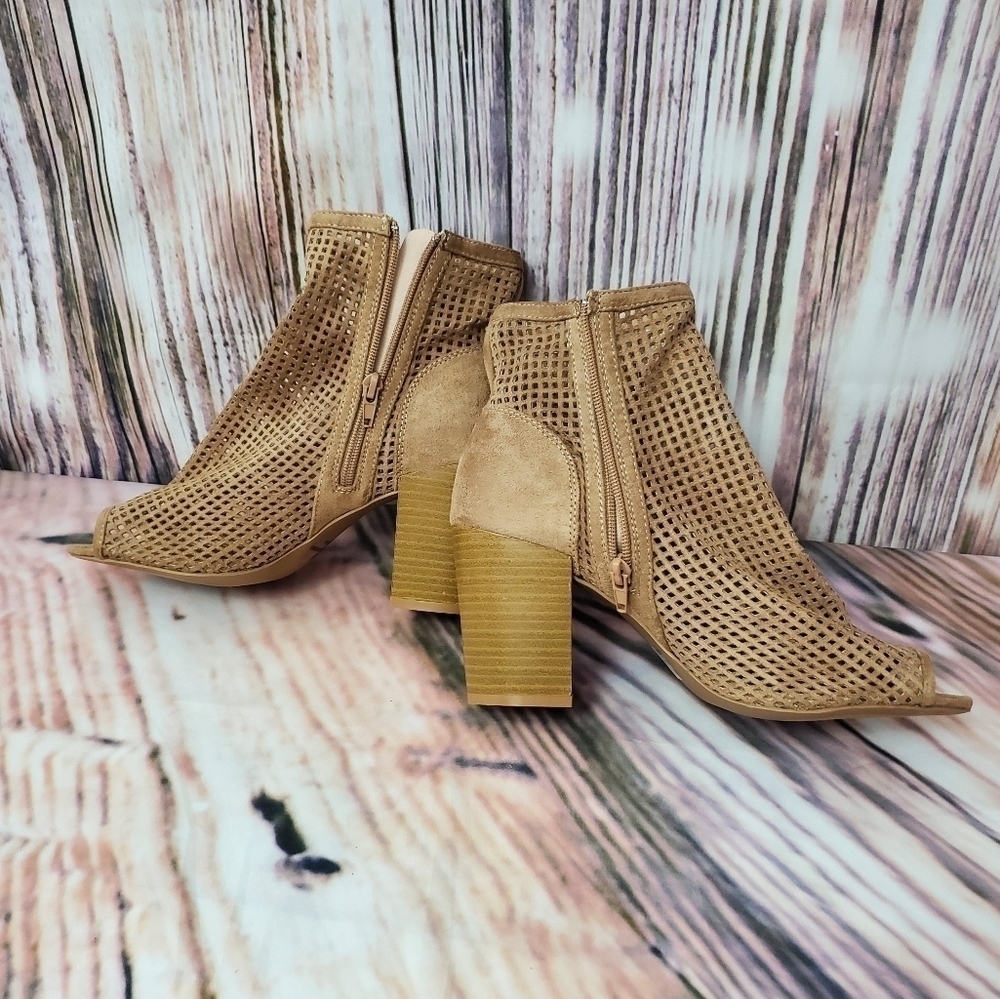 Qupid Peep Toe Perforated Block Heel Booties - image 5